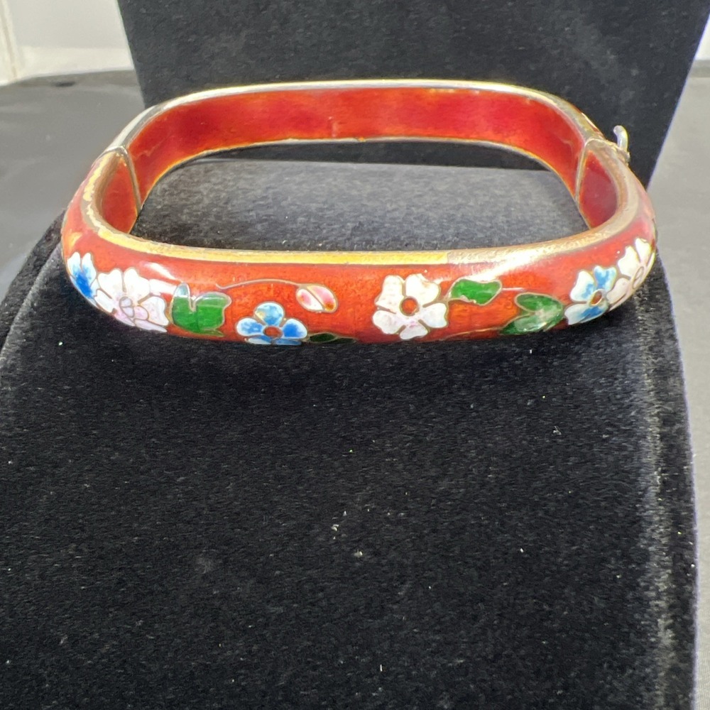 Vintage Red‎ Cloisonne Floral Hinged Bangle Bracelet Square Rounded Enamel Asian